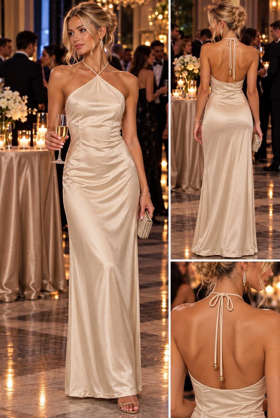 #299 MSRP $50 NWOT BYMOREL SATIN HALTER MAXI DRESS ♡SIZE XS♡
